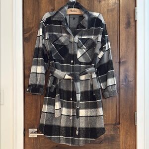 Plaid belted pea trench coat